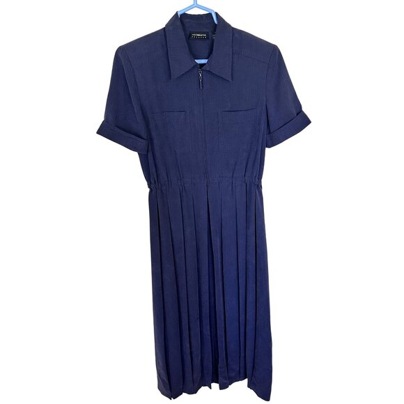Liz Claiborne Womens Navy Maxi Dress 12 Large Rayon Pleated Zip Up Short Sleeve - Picture 1 of 10